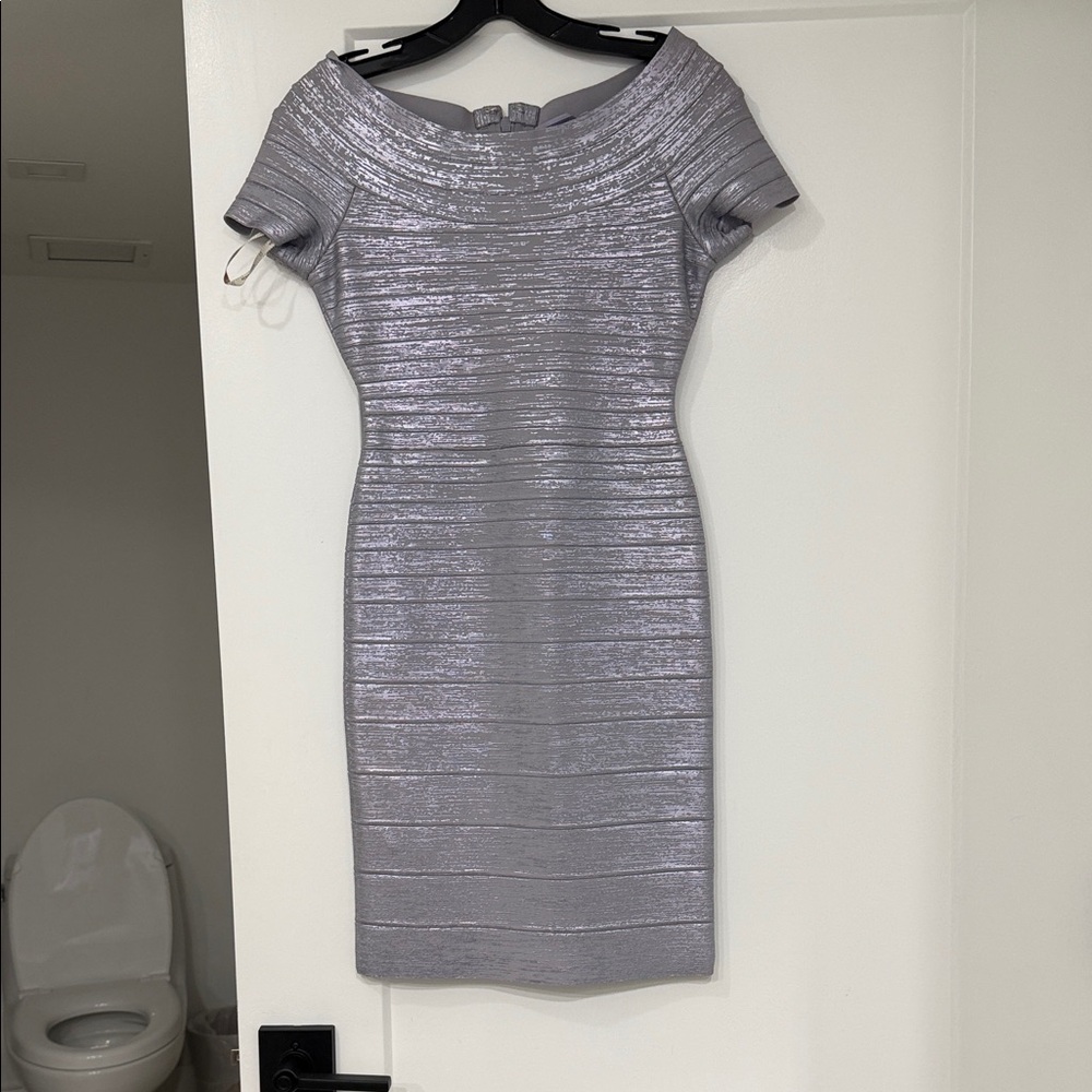 Herve Leger Metallic Silver Off-Shoulder Mini Dress
